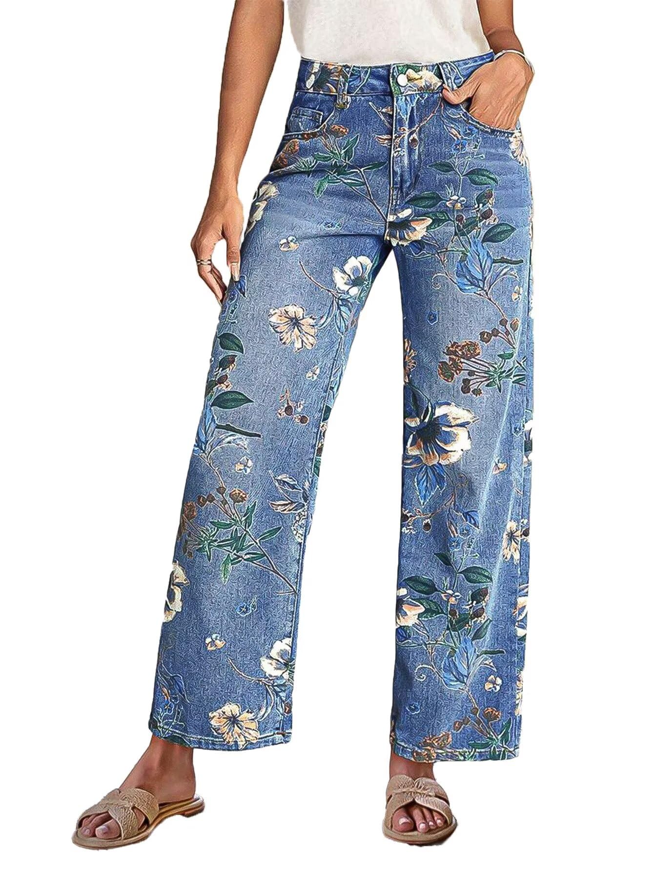 Foto 2 pulgar | Pantalones Flamingals Vintage De Mezclilla Recta Con Estampado Floral Para Mujer  Color Azul L - Venta Internacional.