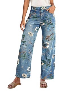 Foto 1 | Pantalones Flamingals Vintage Con Estampado Floral Recto Azul Medio Para Mujer - Venta Internacional.