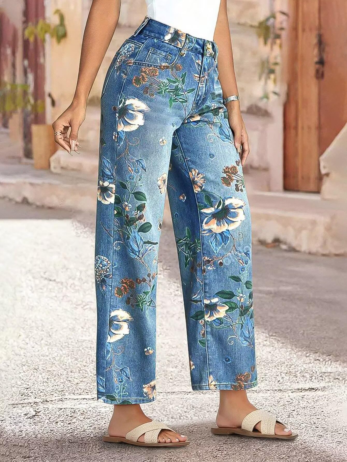 Foto 3 pulgar | Pantalones Flamingals Vintage Con Estampado Floral Recto Azul Medio Para Mujer - Venta Internacional.