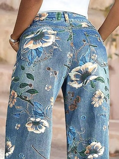 Foto 4 | Pantalones Flamingals Vintage Con Estampado Floral Recto Azul Medio Para Mujer - Venta Internacional.