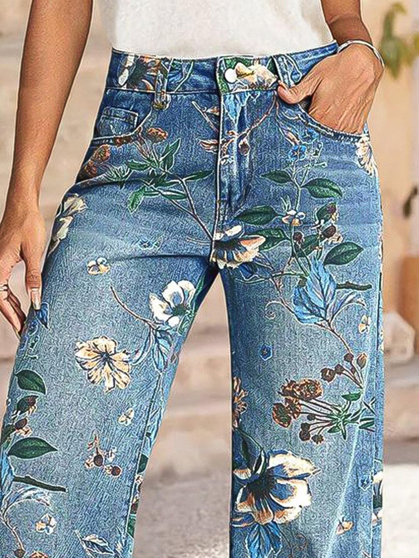 Foto 6 pulgar | Pantalones Flamingals Vintage Con Estampado Floral Recto Azul Medio Para Mujer - Venta Internacional.