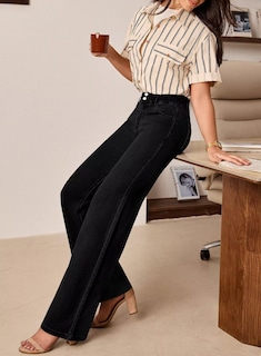 Foto 3 | Jeans Astylish Para Mujer Cintura Alta Pierna Ancha Mezclilla Negra Talla 6 - Venta Internacional.
