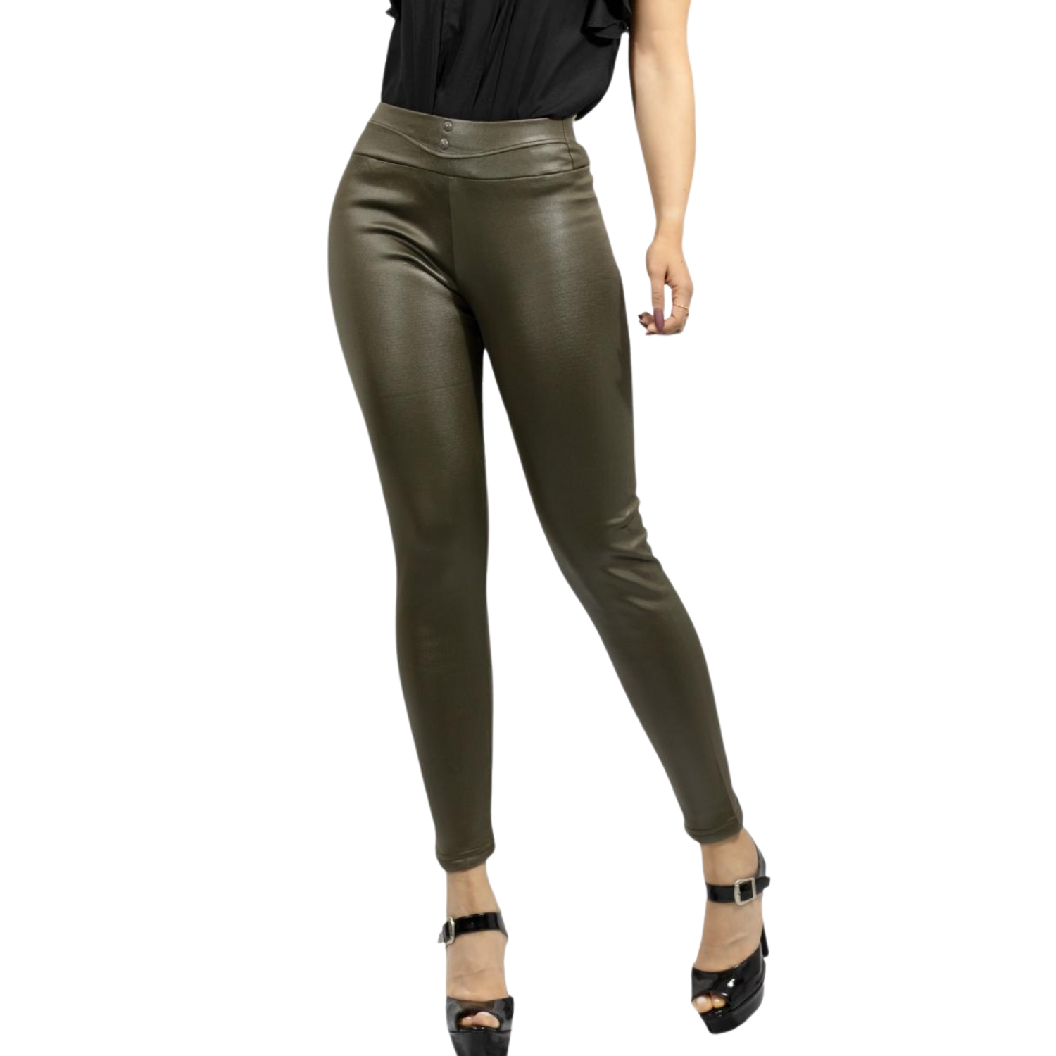 Legging Elegante Casual Lic-0118 Verde Militar Tipo Vinipiel