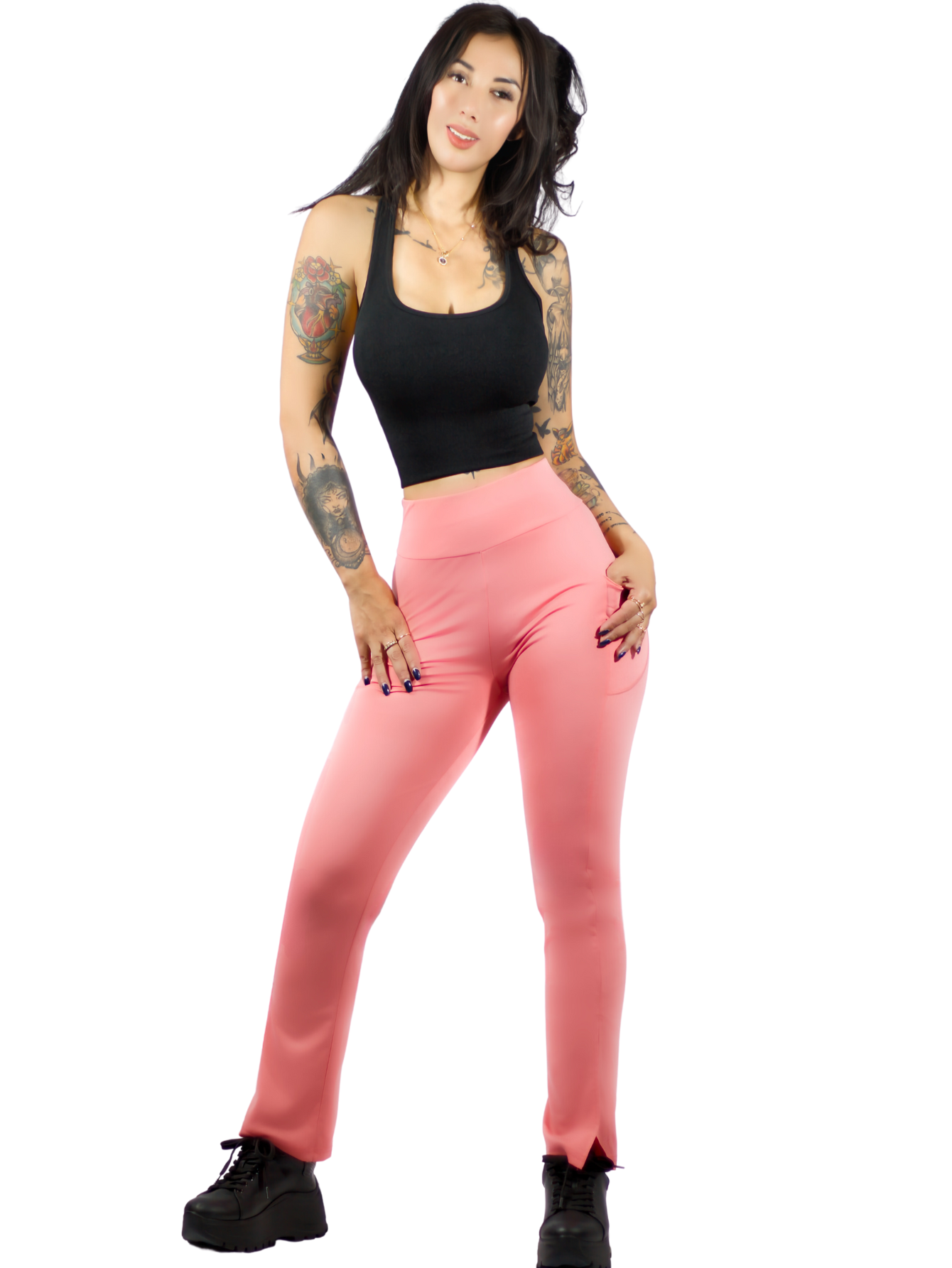 Leggings Casuales O Deportivos De Mujer Lic-0152 Color Rosa Acampanados Y Con Cintura Alta