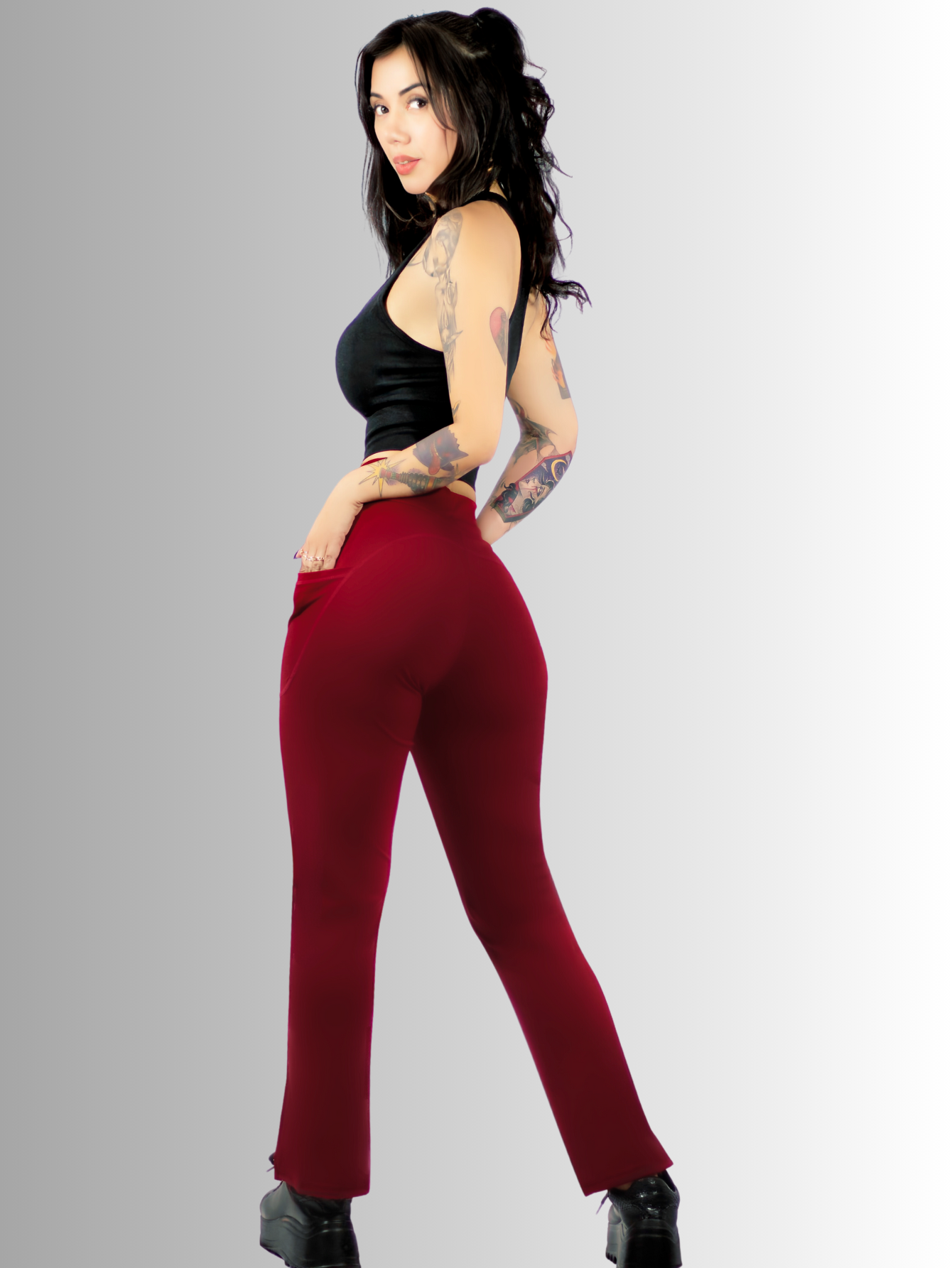 Foto 3 pulgar | Leggings Casuales O Deportivos De Mujer Lic-0152 Color Vino Acampanados Y Con Cintura Alta