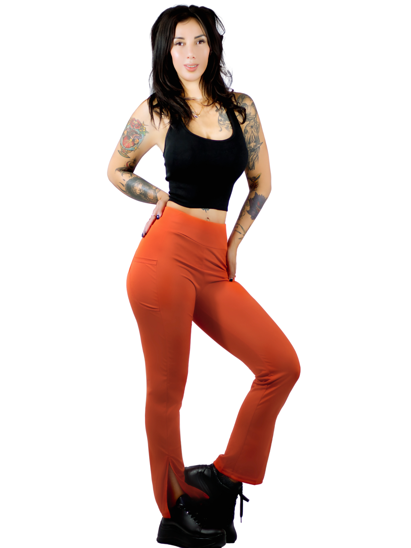 Leggings Casuales O Deportivos De Mujer Lic-0152 Color Naranja Acampanados Y Con Cintura Alta