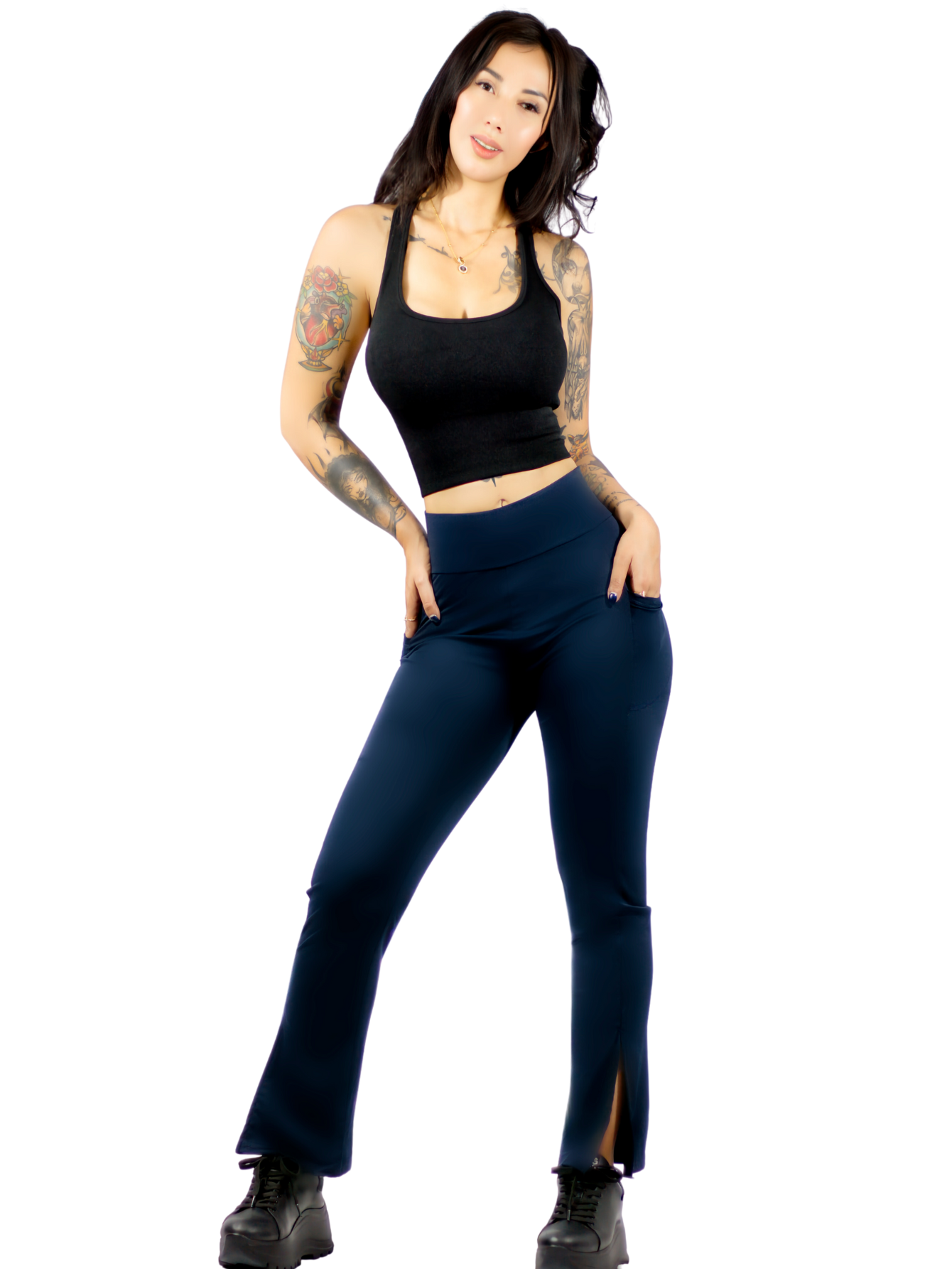 Leggings Casuales O Deportivos De Mujer Lic-0152 Color Marino Acampanados Y Con Cintura Alta