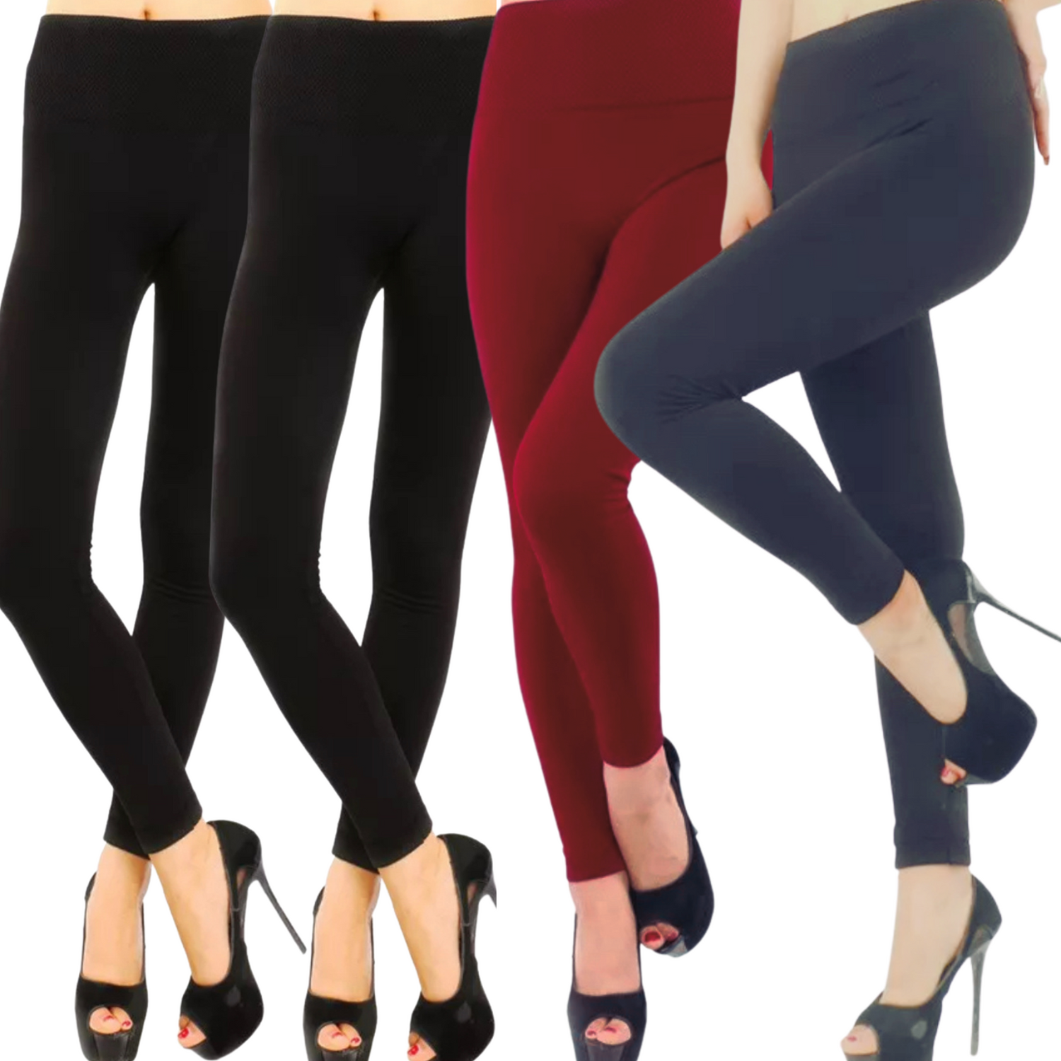 Set de 4 Leggings Térmicos Negro/ Negro/ Vino/ Gris de Mallón Afelpado para Mujer