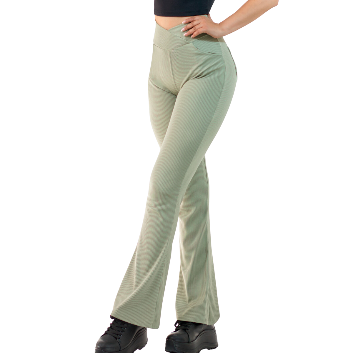 Leggings Verde Claro Acampanados con Bolsillos para Mujer