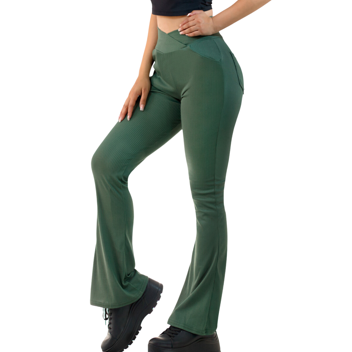 Foto 2 pulgar | Leggings Verde Oscuro Acampanados con Bolsillos para Mujer