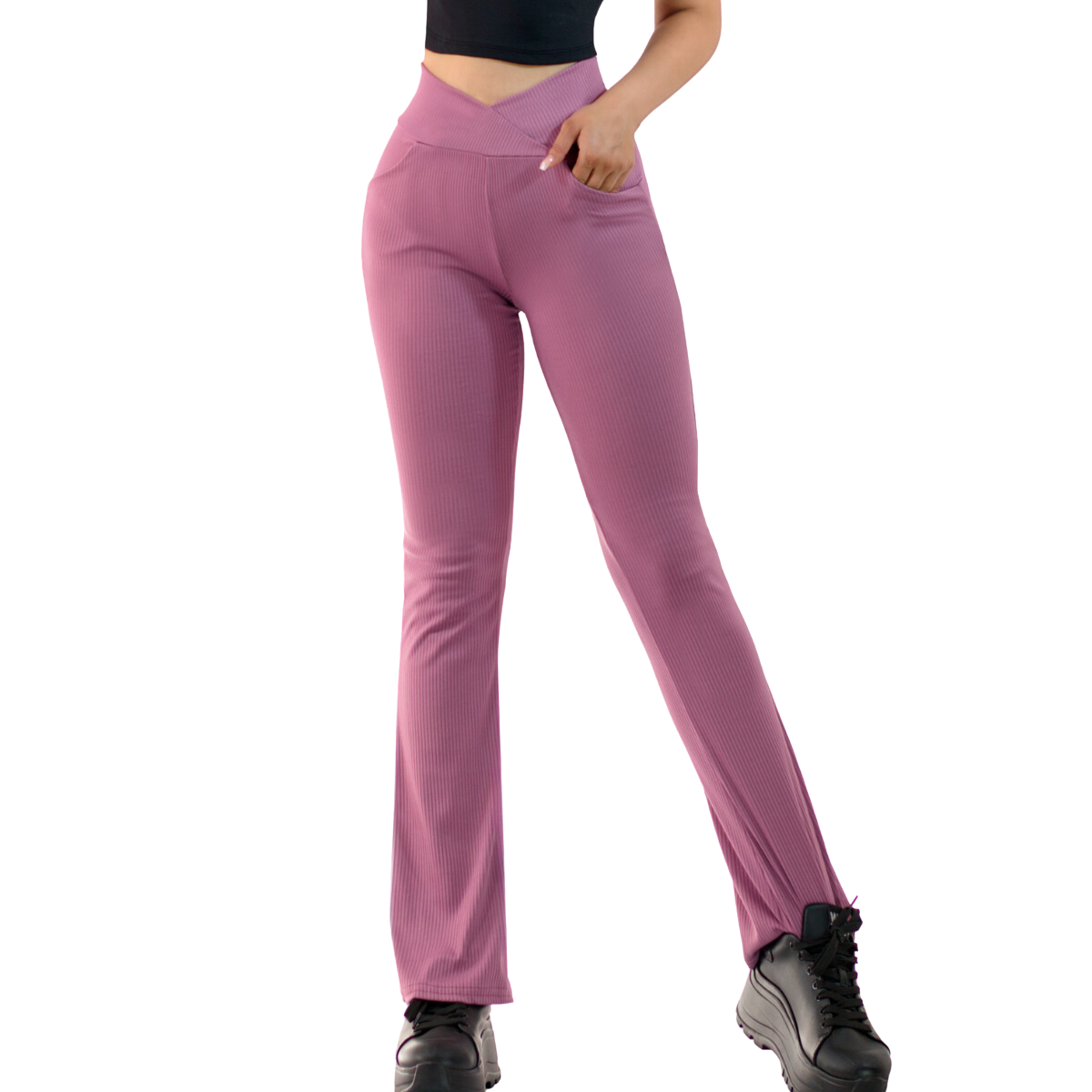 Foto 2 pulgar | Leggings Rosa Acampanados con Bolsillos para Mujer