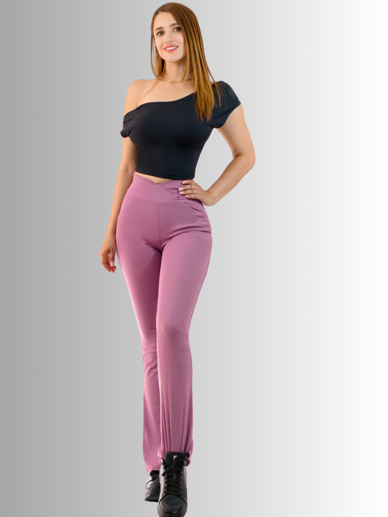 Foto 4 pulgar | Leggings Rosa Acampanados con Bolsillos para Mujer