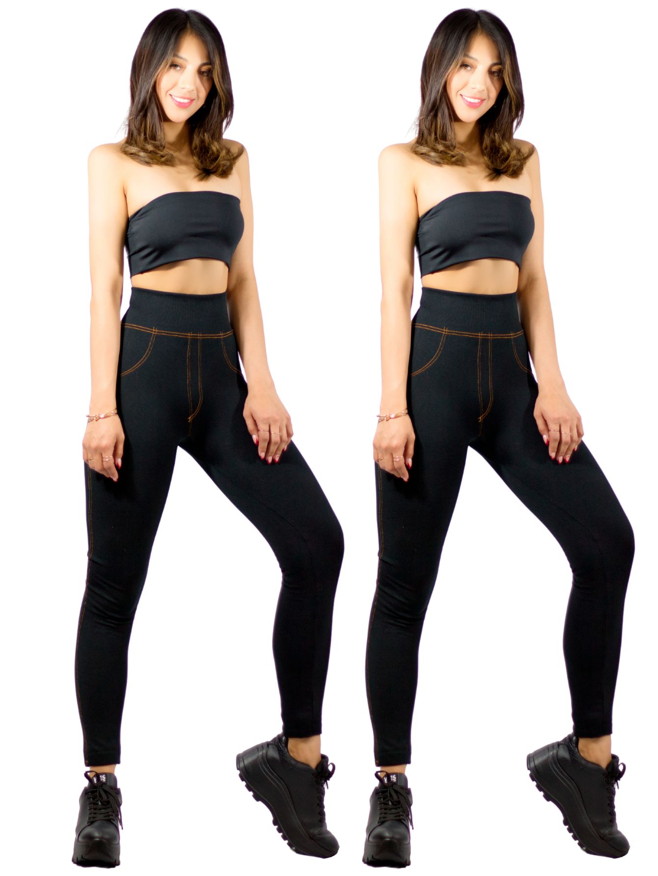 Set De 2 Legging Grueso De Mujer Lic-055-3 Negro Diseño Mezclilla