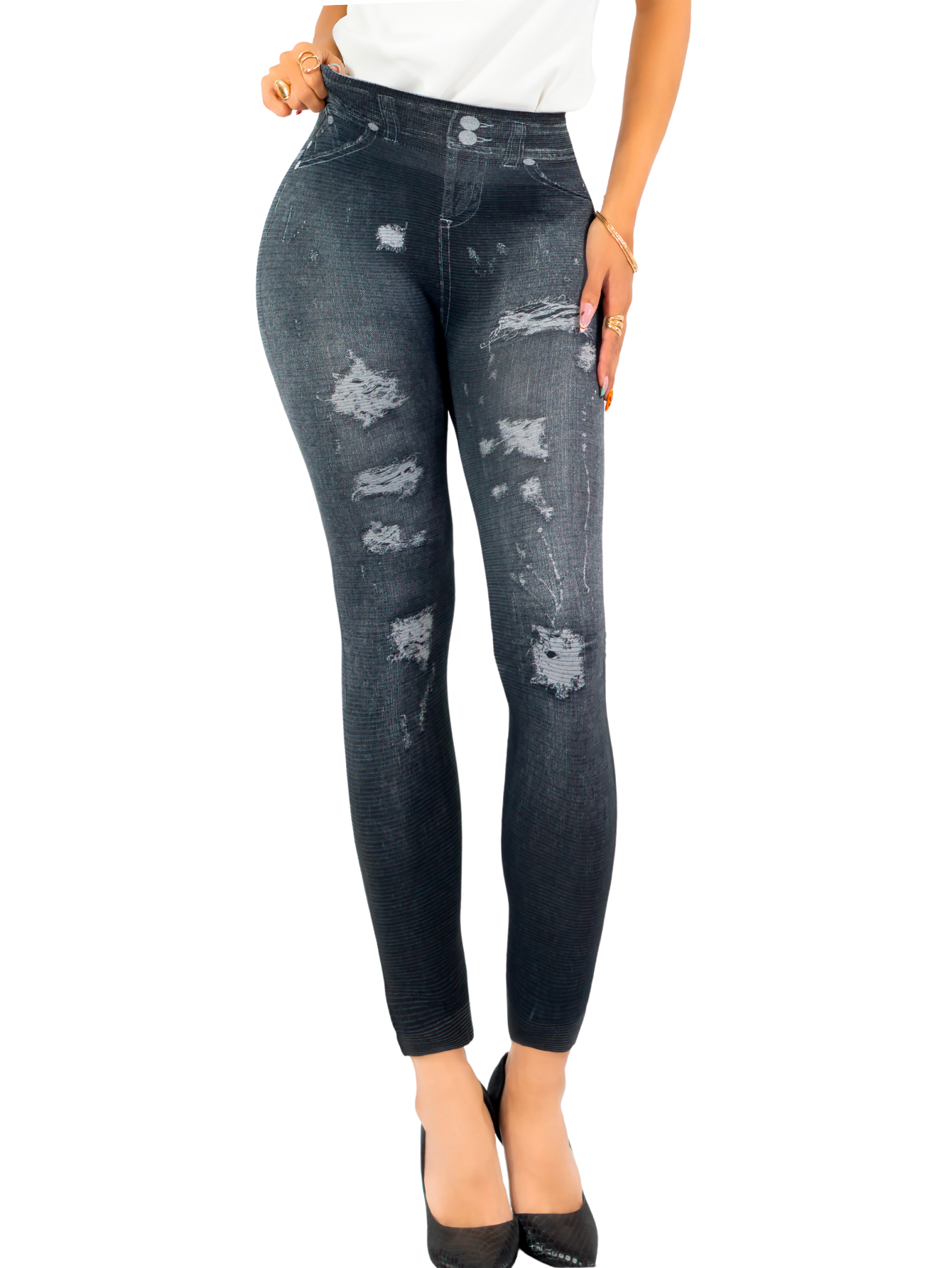Foto 2 pulgar | Leggins Mujer Unitalla Mezclilla Faja Alta Estilo Pantalón Mezclilla Calidad Premium Tiro Alto Lic-055-5 Negro Mallo