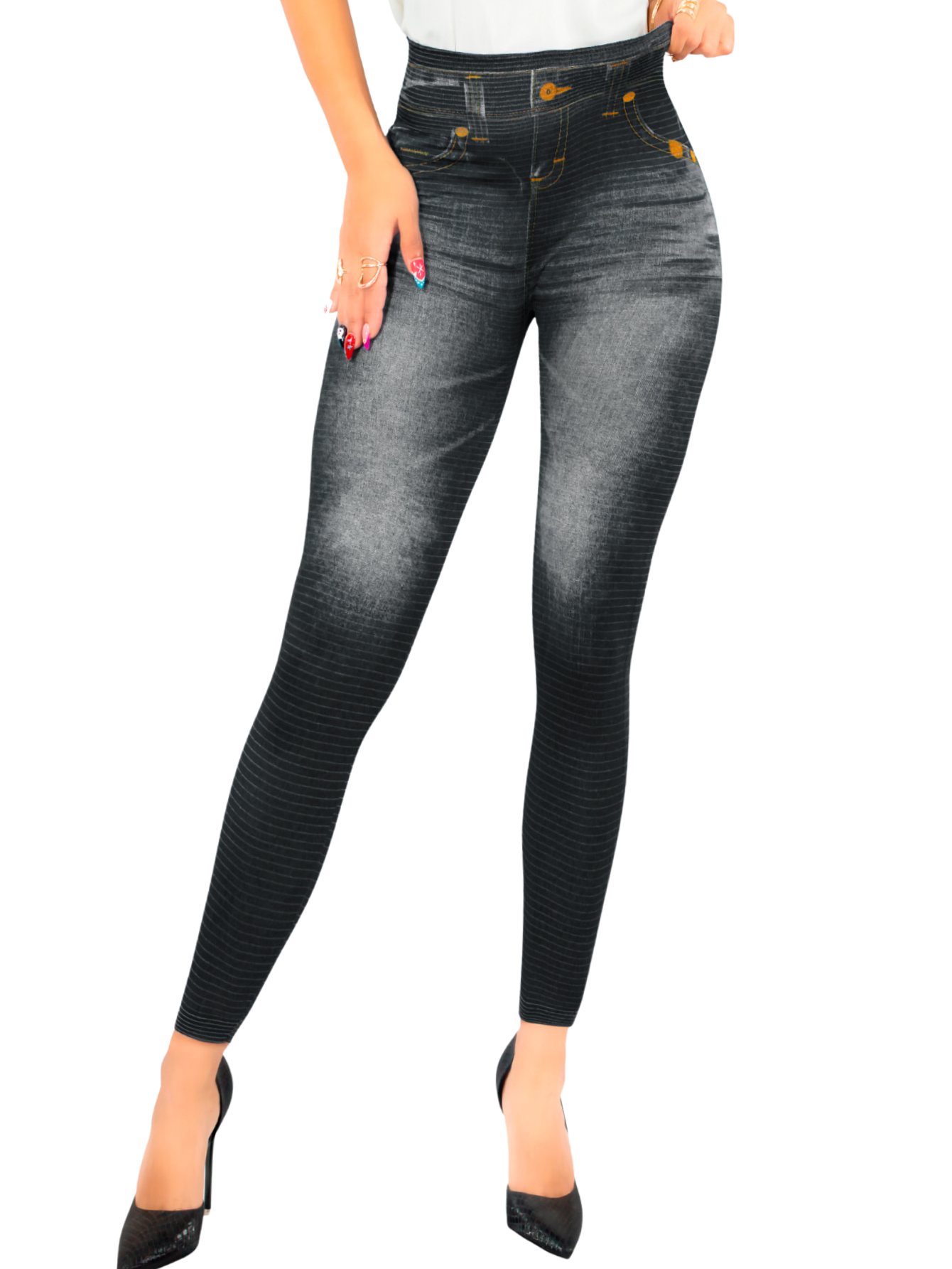 Foto 2 pulgar | Leggins Mujer Unitalla Mezclilla Faja Alta Estilo Pantalón Mezclilla Calidad Premium Tiro Alto Lic-055-5 Negro Mallo