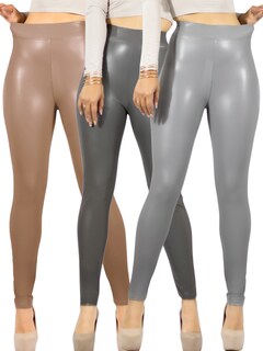 Foto 1 | Set De 3 Leggins Cuero Afelpado Interior Strech Lic-0123-px3 Variedad De Colores Térmico De Talle Alto Malla Vinipiel