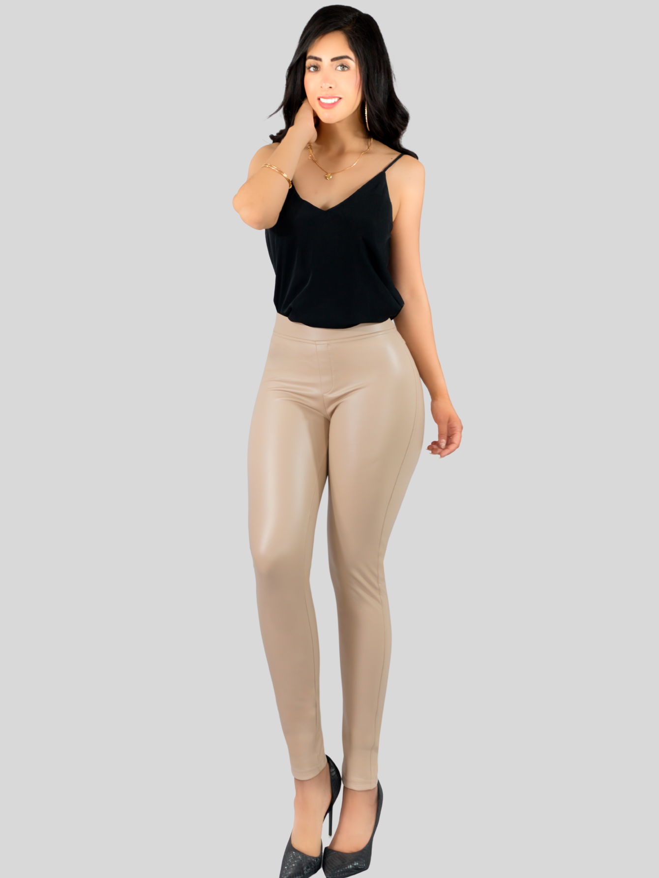 Foto 3 pulgar | Leggins Moda Elegante Casual Mujer Leginsn Lic-0177 Beige Cuero Vinipiel