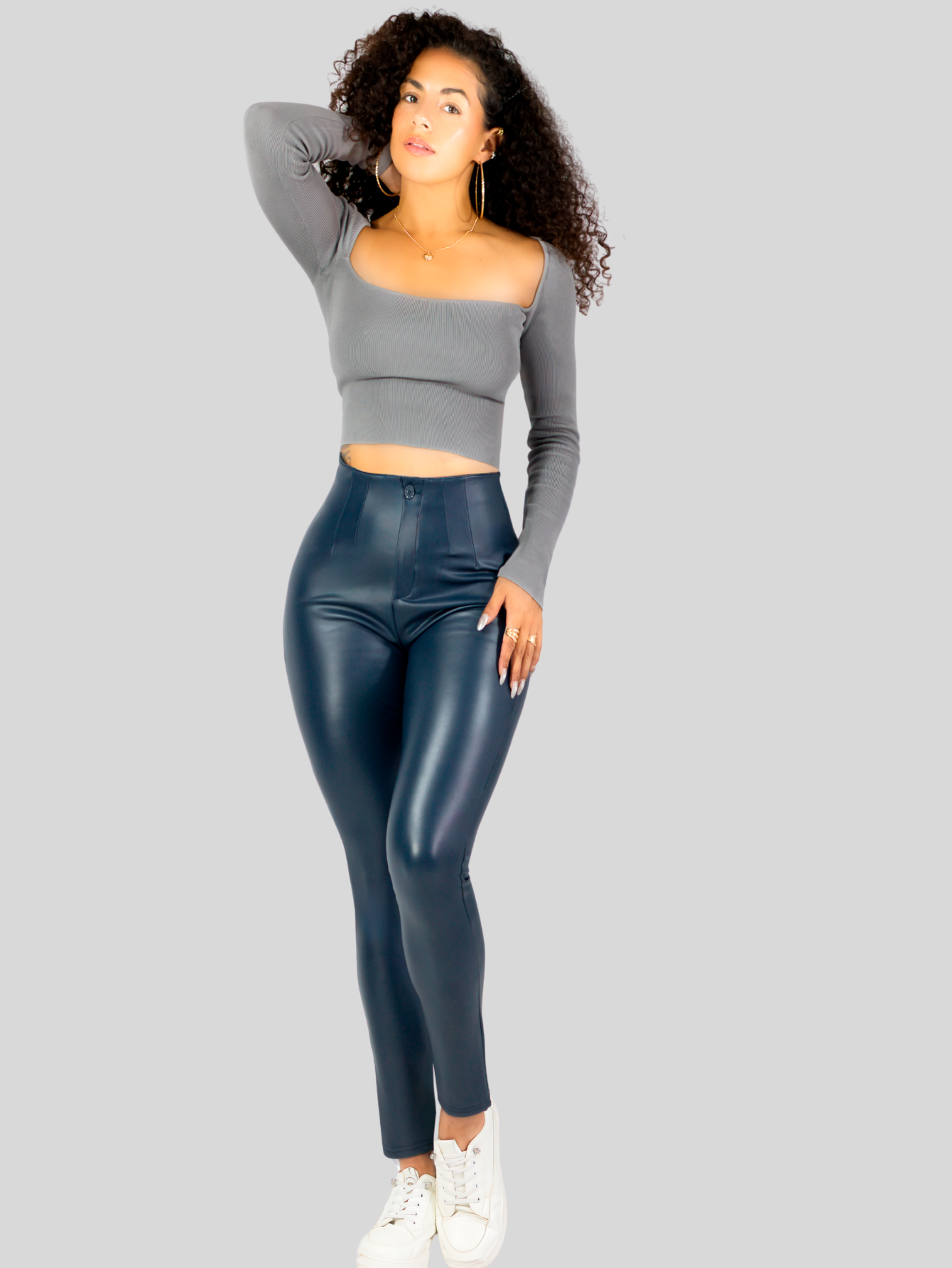 Foto 2 | Legging Mujer Vinipiel Imitación Cuero Lic-0180 Azul Tiro Alto Casual