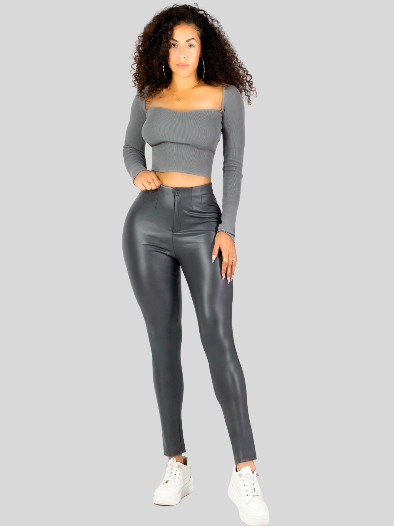 Foto 3 pulgar | Legging Mujer Vinipiel Imitación Cuero Lic-0180 Gris Tiro Alto Casual