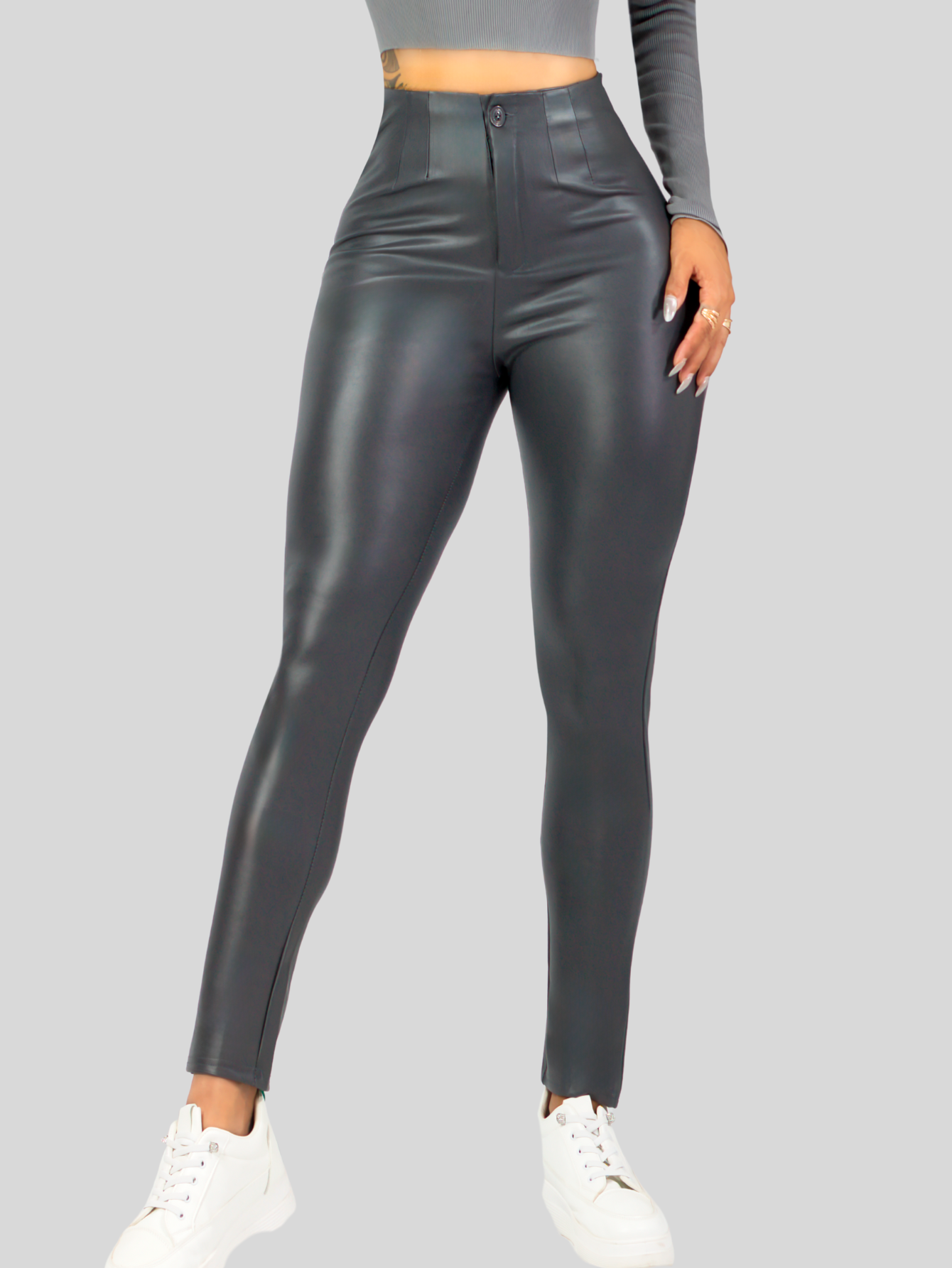 Foto 7 pulgar | Legging Mujer Vinipiel Imitación Cuero Lic-0180 Gris Tiro Alto Casual