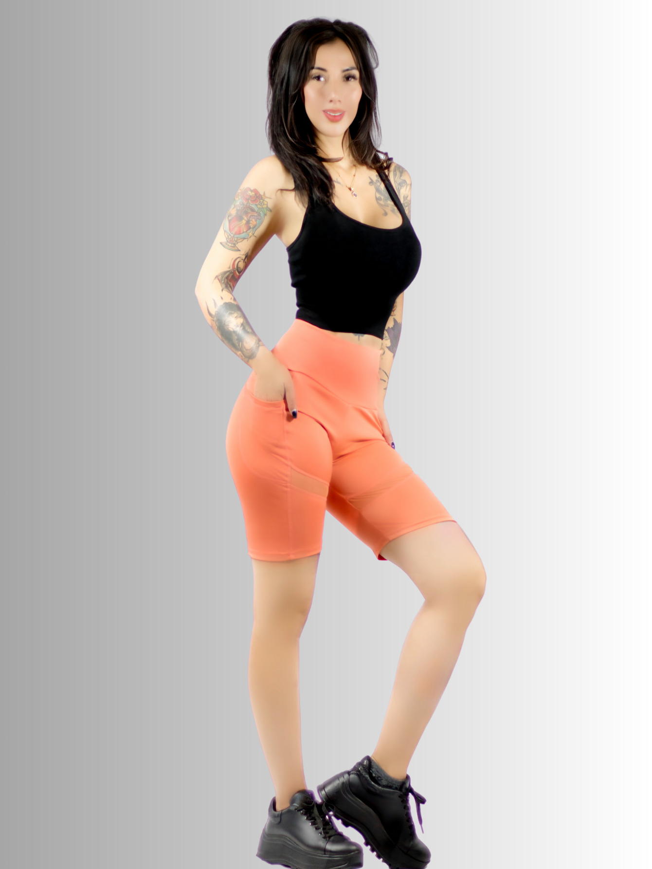 Foto 3 pulgar | Short Biker Sh-049 Naranja Con Detalles De Malla Y Bolsas Laterales