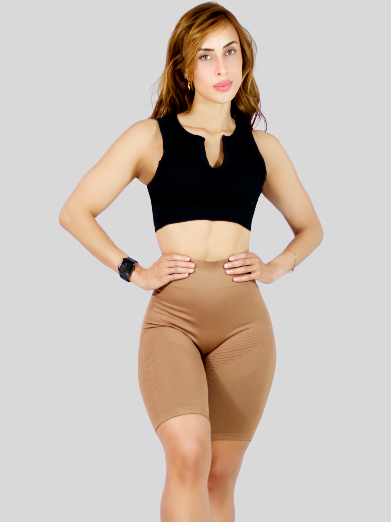 Foto 5 pulgar | Short Deportivo Sh-051 Café Claro Stretch Testurizado Push Up de Dama