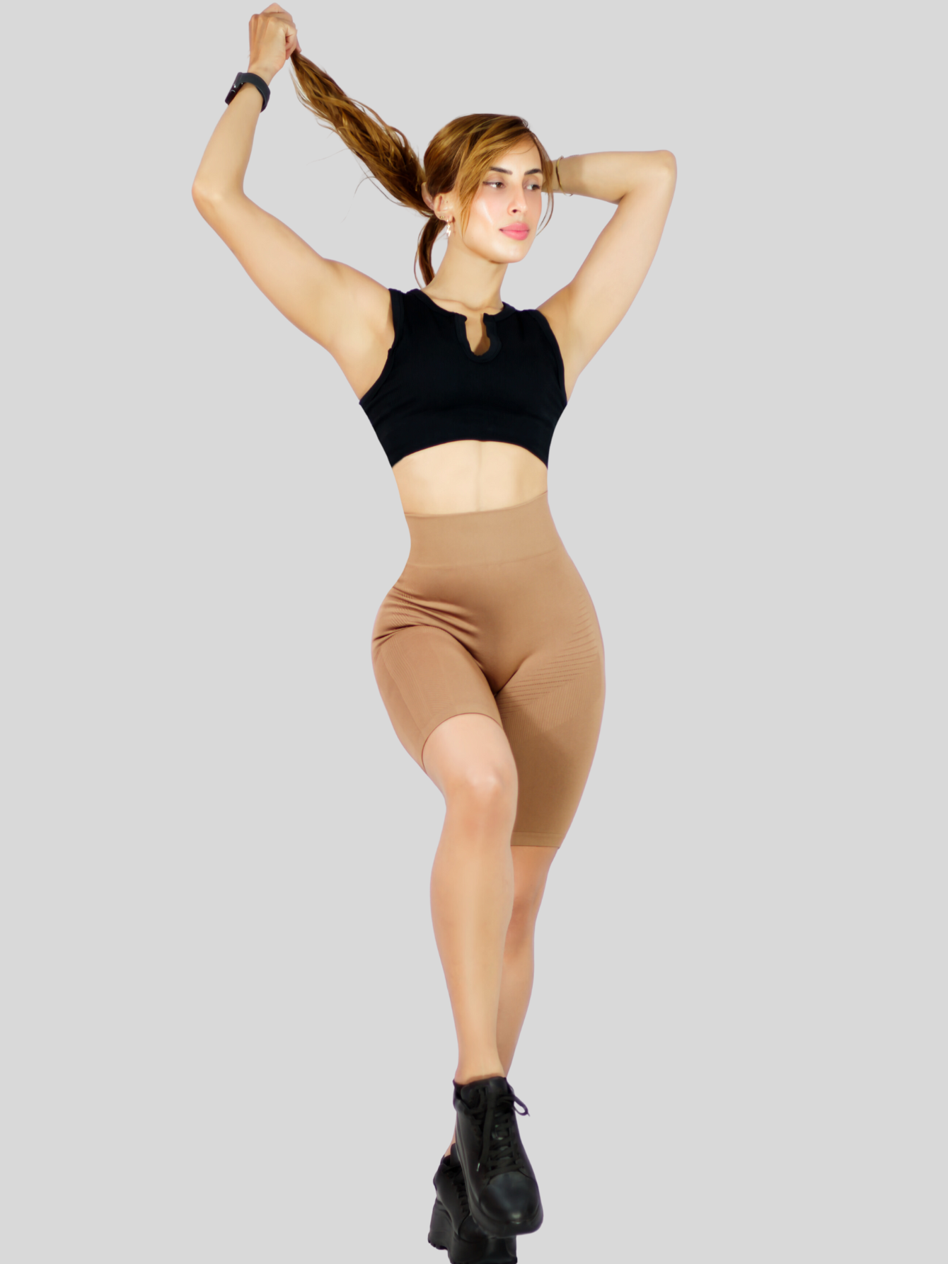 Foto 6 pulgar | Short Deportivo Sh-051 Café Claro Stretch Testurizado Push Up de Dama