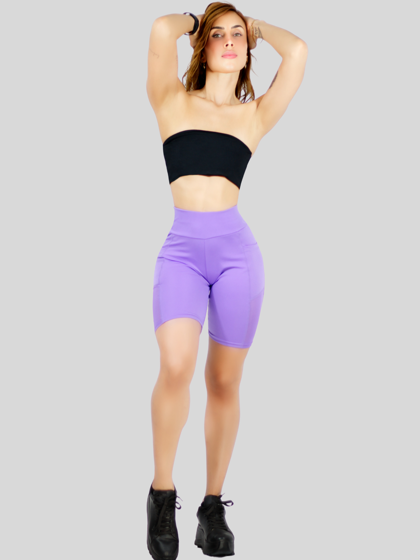 Foto 3 pulgar | Short Deportivo de Mujer Stretch Lila con Bolsas Laterales