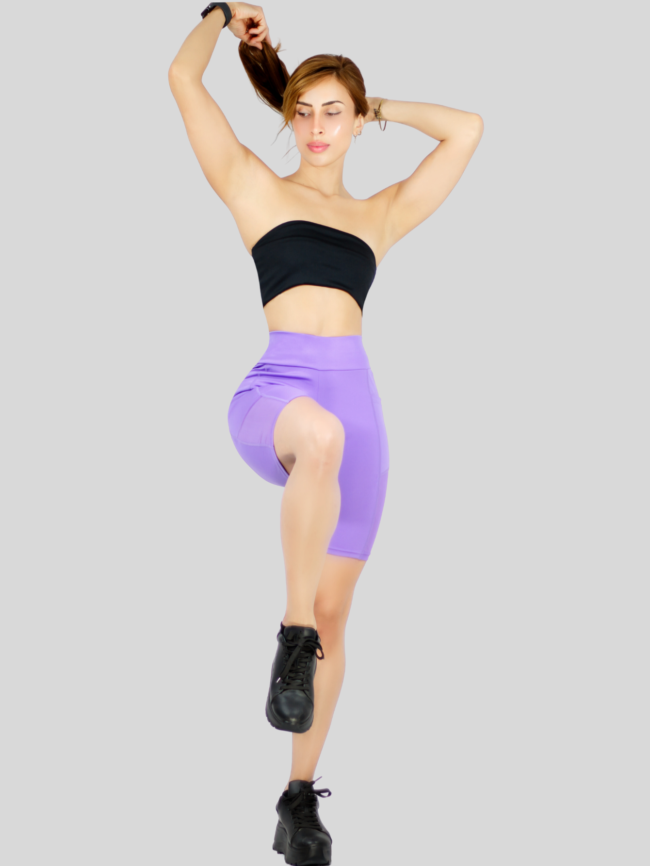 Foto 4 pulgar | Short Deportivo de Mujer Stretch Lila con Bolsas Laterales