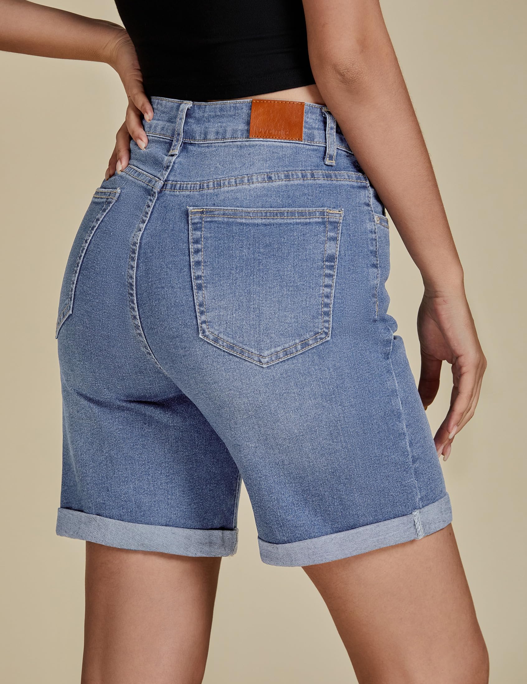 Foto 4 pulgar | Pantalones Cortos De Mezclilla Luvamia De Cintura Alta Azul Largo Para Mujer - Venta Internacional.