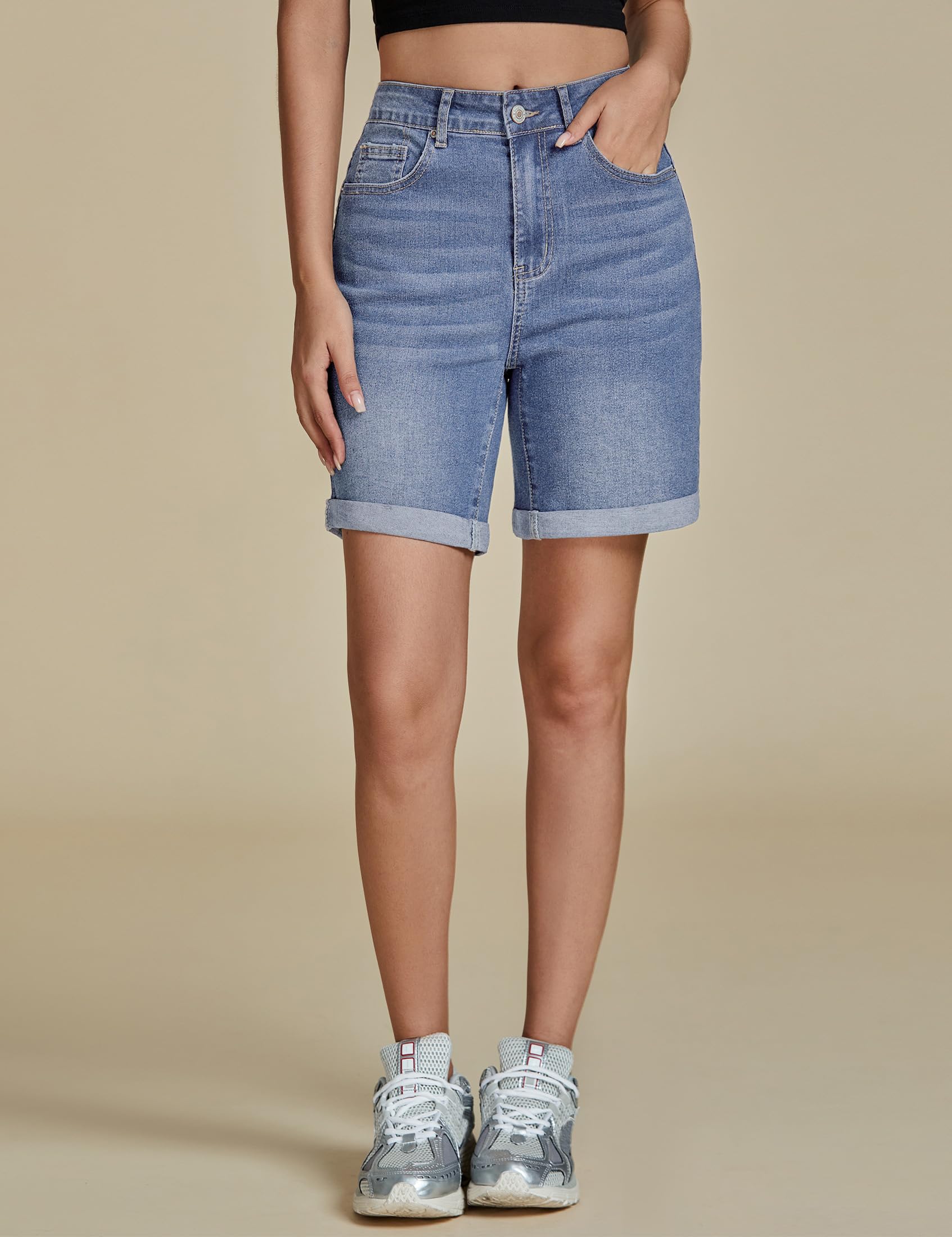Foto 5 pulgar | Pantalones Cortos De Mezclilla Luvamia De Cintura Alta Azul Largo Para Mujer - Venta Internacional.