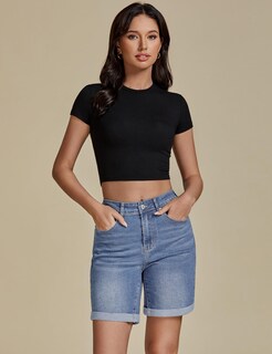 Foto 5 | Pantalones Cortos De Mezclilla Luvamia De Cintura Alta Azul Largo Para Mujer - Venta Internacional.
