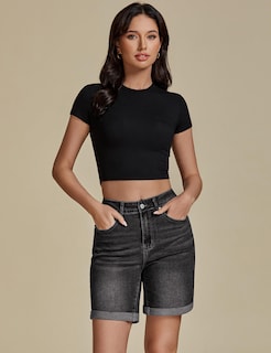 Foto 5 | Pantalones Cortos Vaqueros Luvamia Para Mujer De Cintura Alta Negros, Talla M 8-10 - Venta Internacional.