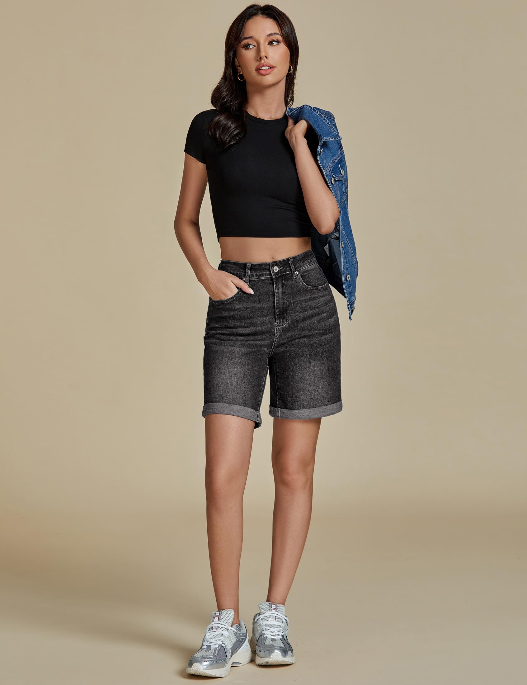 Foto 8 pulgar | Pantalones Cortos Vaqueros Luvamia Para Mujer De Cintura Alta Negros, Talla M 8-10 - Venta Internacional.