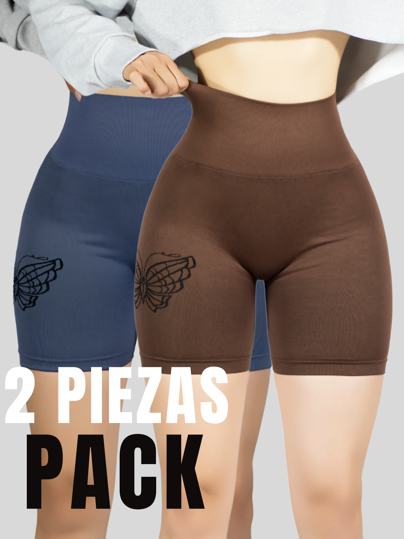 Foto 6 pulgar | Set De 2 Short Mujer Shores Deportivo Casual Sh-057-px2 Azul Y Café Chort Push Up