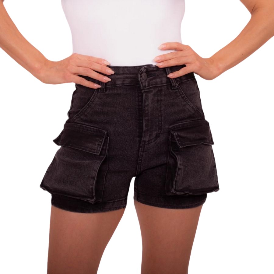Foto 2 pulgar | Shorts Cintura Alta Bolsos Tipo Cargo De Mezclilla Stretch Casual Para Dama Pineda Jeans Negro Deslavado