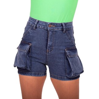Foto 1 | Short Cintura Alta Bolsas Tipo Cargo De Mezclilla Stretch Casual Para Dama Pineda Jeans Azul Deslavado
