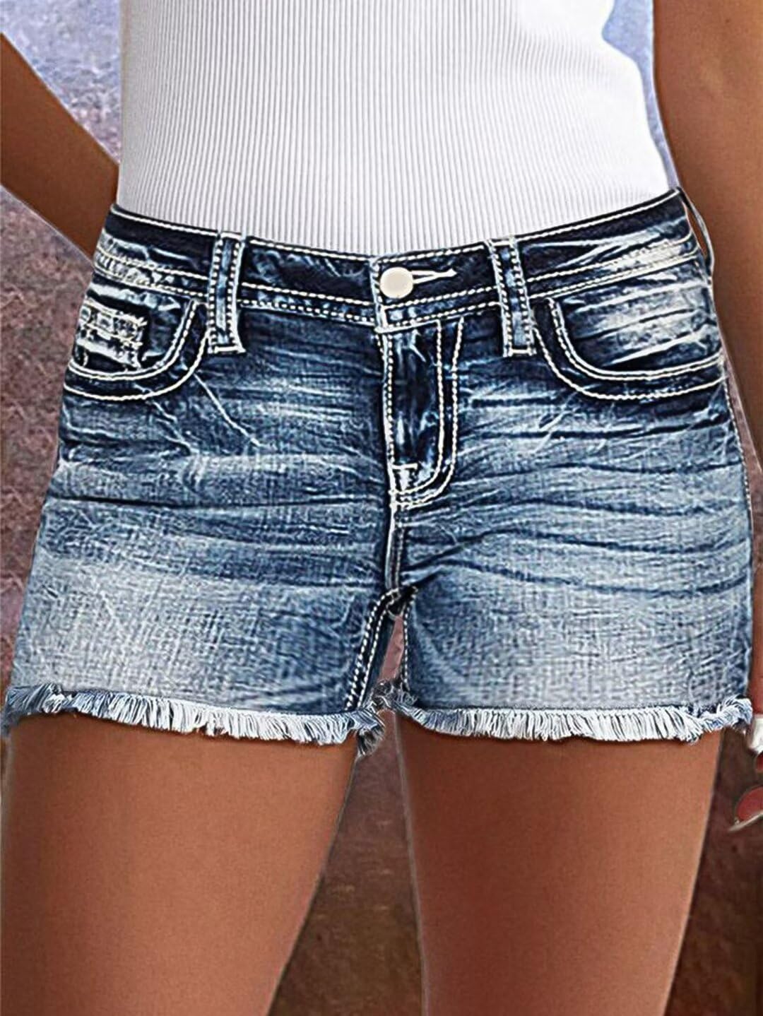 Foto 3 pulgar | Pantalones Cortos Vaqueros Elásticos Con Estampado De Flamencos Para Mujer, Blanco Y Azul - Venta Internacional.