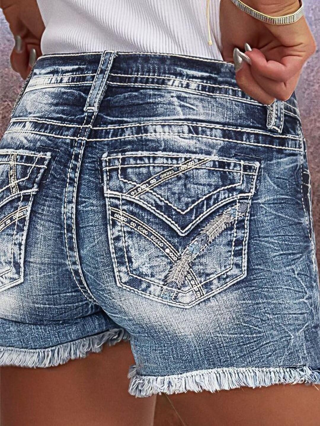 Foto 4 pulgar | Pantalones Cortos Vaqueros Elásticos Con Estampado De Flamencos Para Mujer, Blanco Y Azul - Venta Internacional.