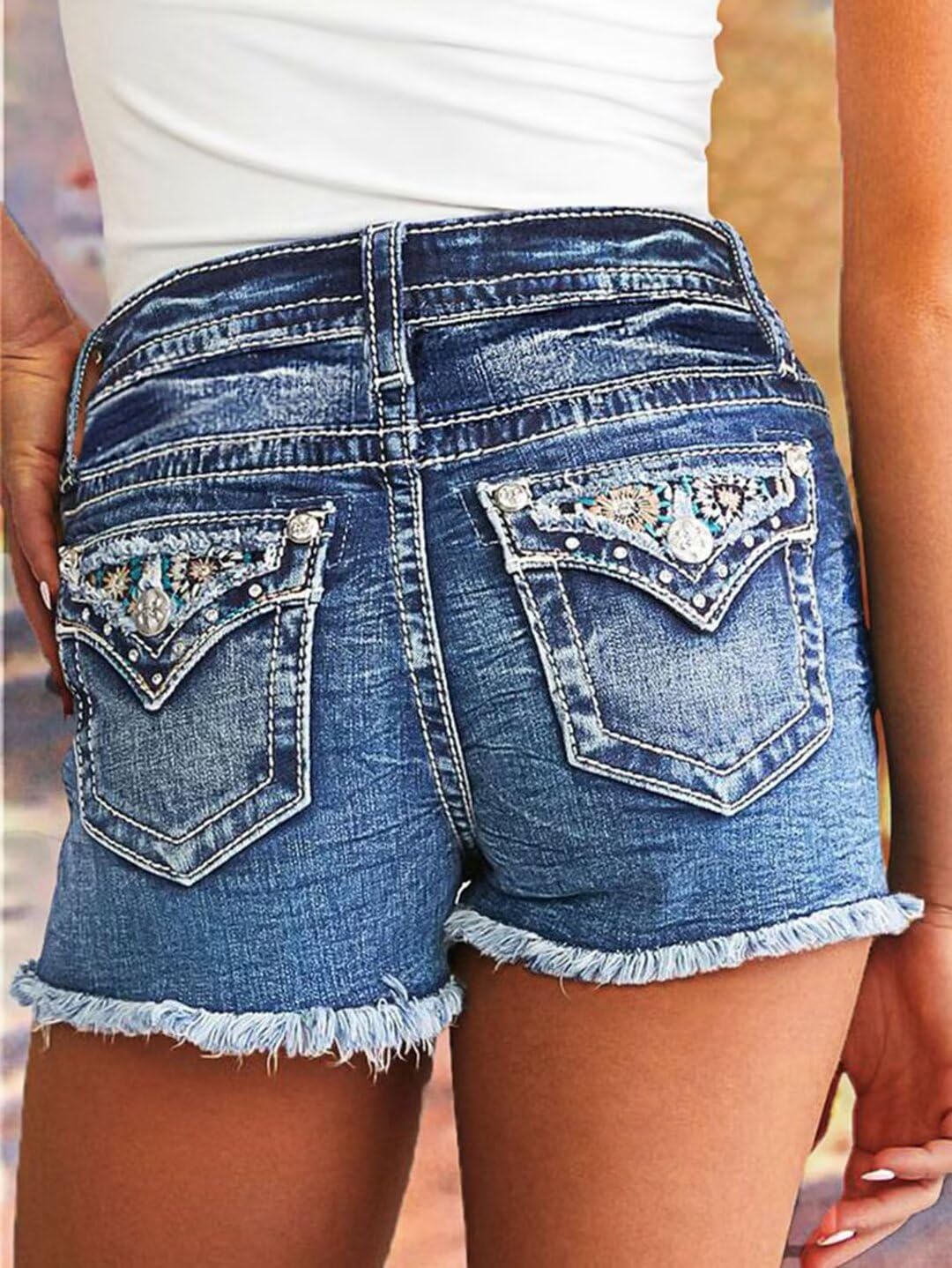 Foto 5 pulgar | Pantalones Cortos Vaqueros Con Estampado De Flamencos, Elásticos, Talle Medio, Vaqueros, Talla L - Venta Internacional.