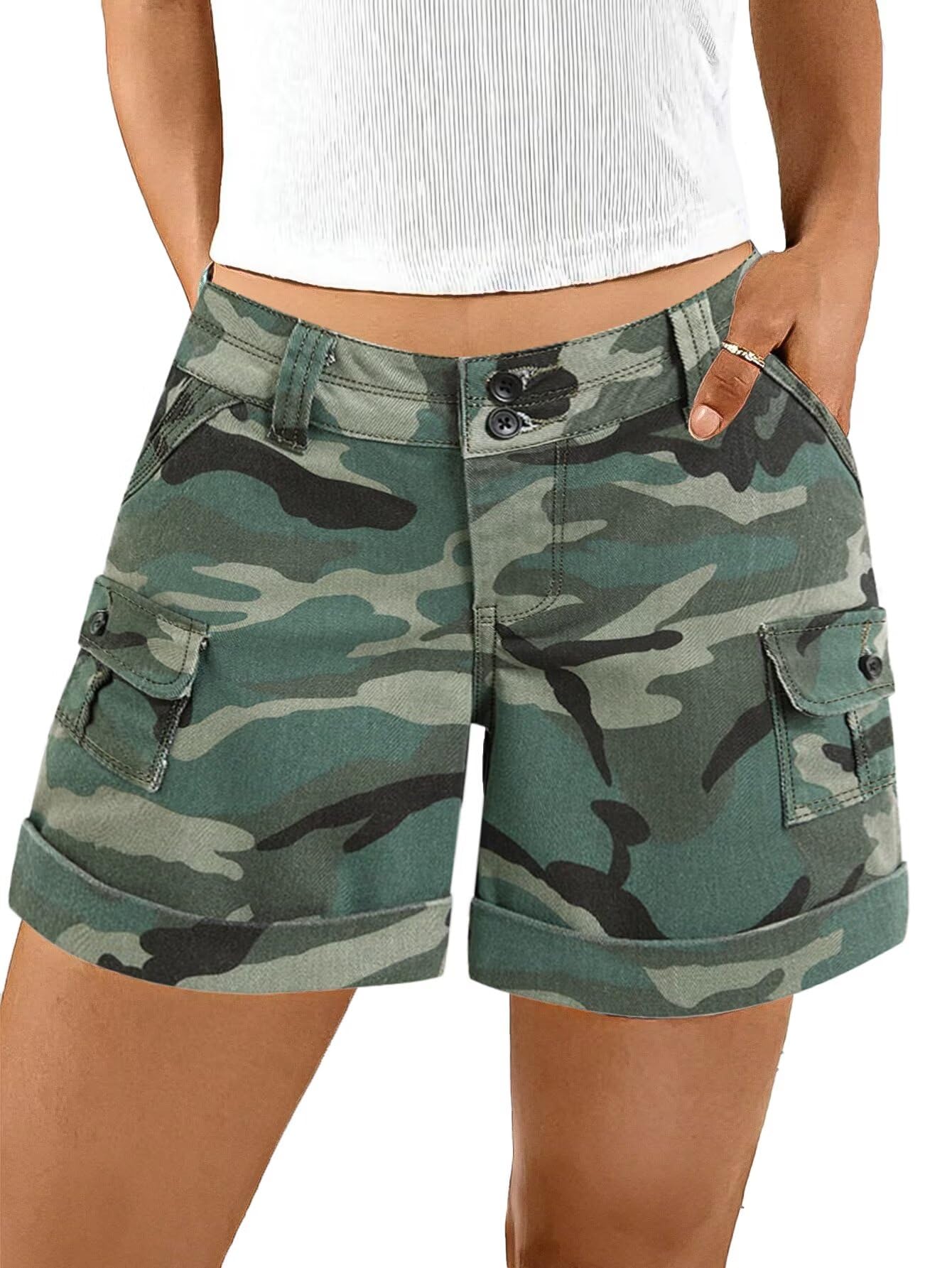 Foto 2 pulgar | Pantalones Cortos Cargo Flamingals Camo Para Mujer  Color Verde  Talla L - Venta Internacional.