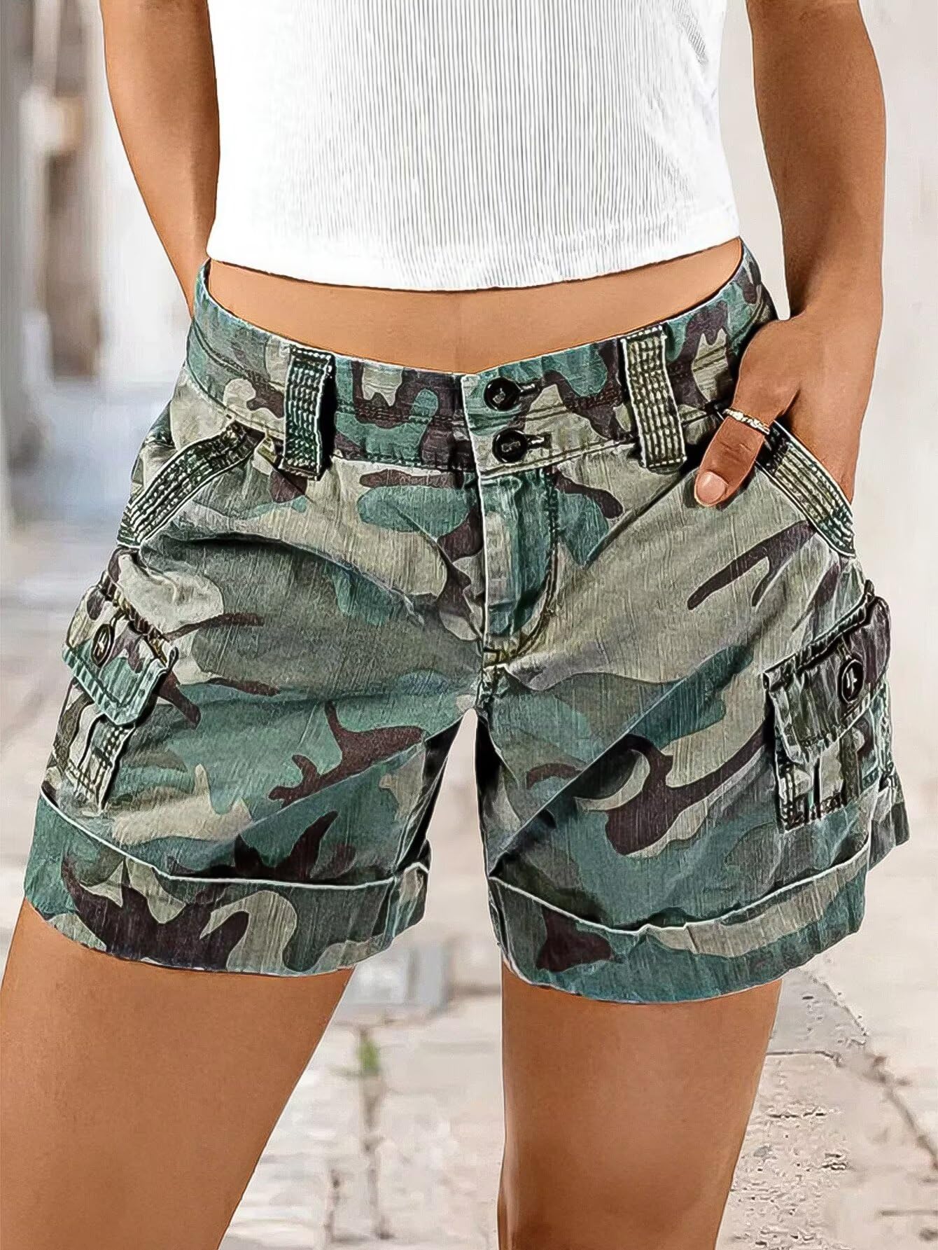 Foto 5 pulgar | Pantalones Cortos Cargo Flamingals Camo Para Mujer  Color Verde  Talla L - Venta Internacional.