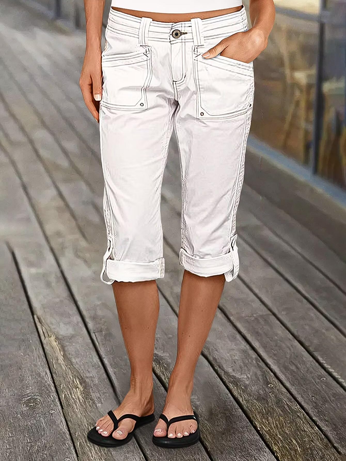 Foto 3 pulgar | Bermudas Flamingals Tipo Capri Cargo De Talle Medio  Color Blanco M  Para Mujer - Venta Internacional.