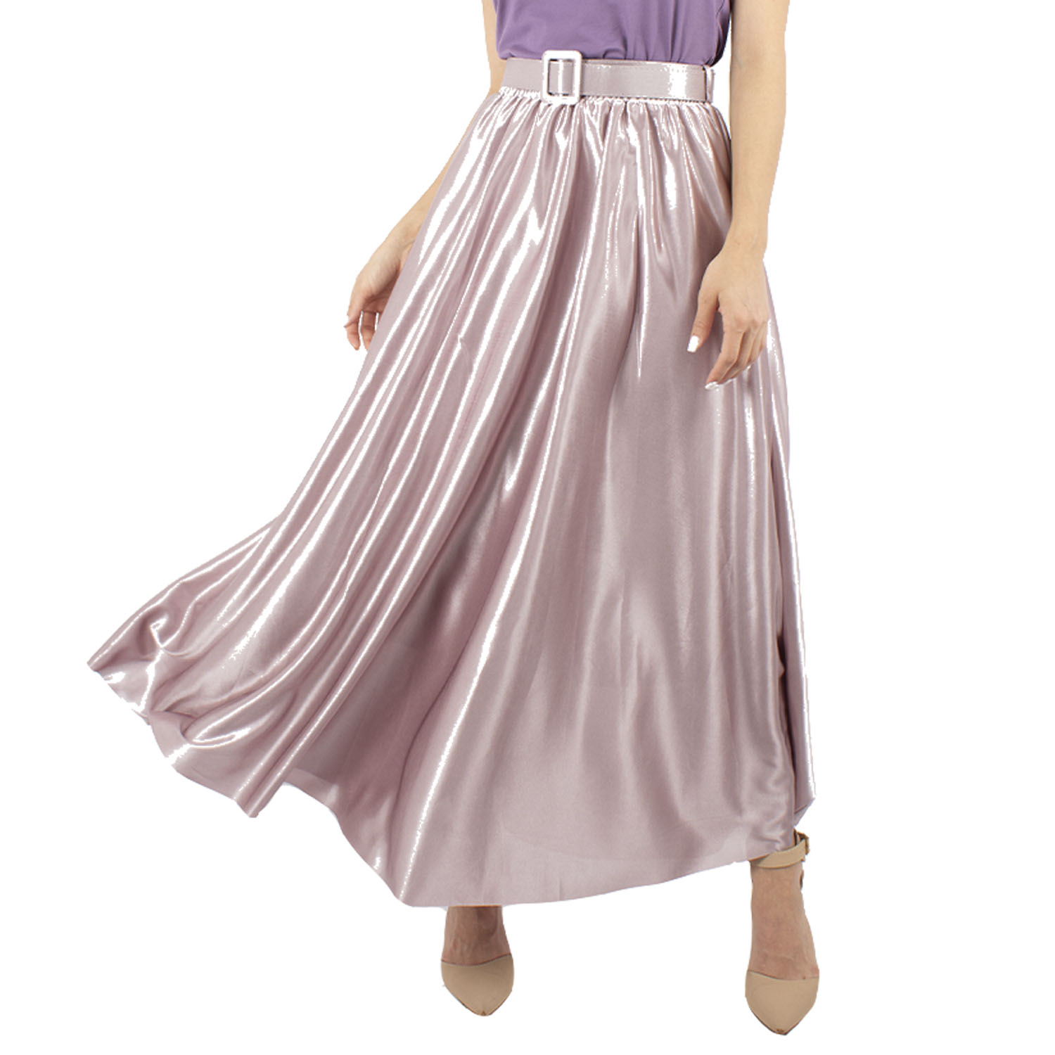 Maxi Falda AMAD Rosa Palo Semicircular Satinada con Cinto