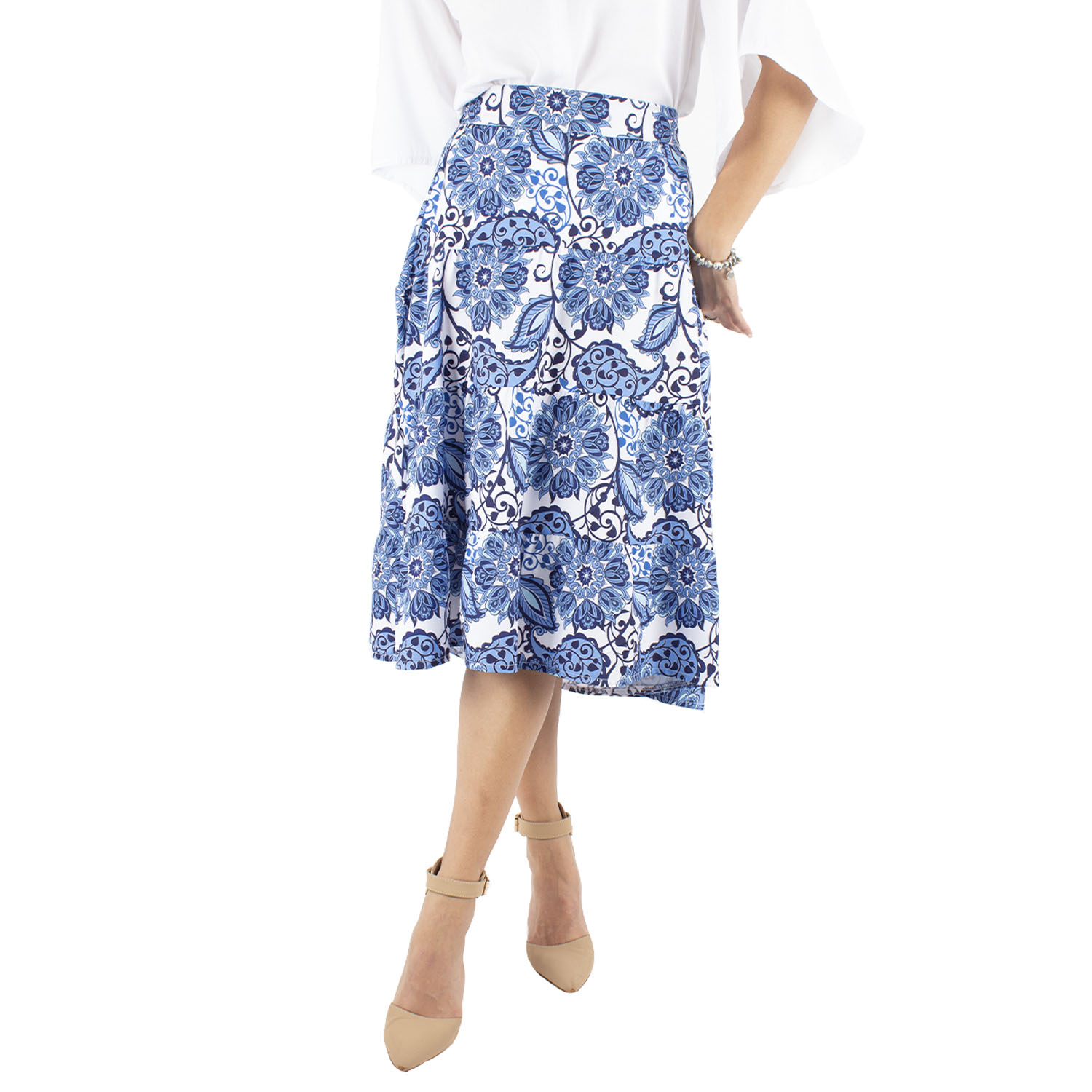 Falda Midi AMAD de Olanes de Gráfico Azul con Blanco