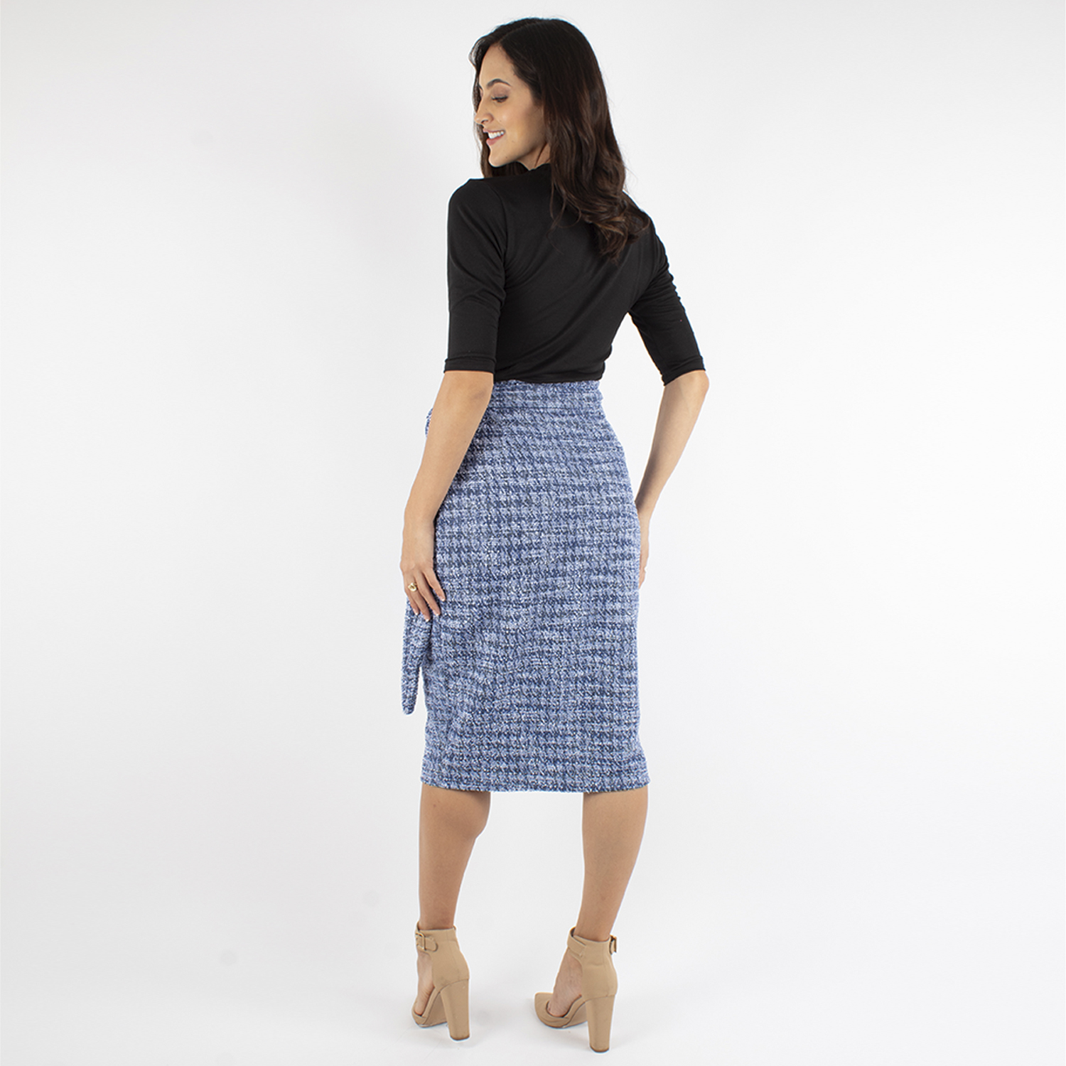 Foto 3 | Falda Lápiz Envolvente de Tweed Amad Azul