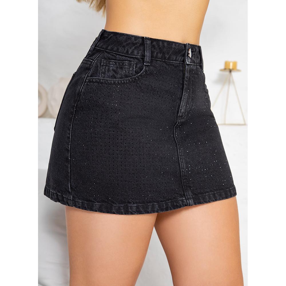 Foto 4 pulgar | Mini Falda Mezclilla Rígida Mujer Con Brillos Negro