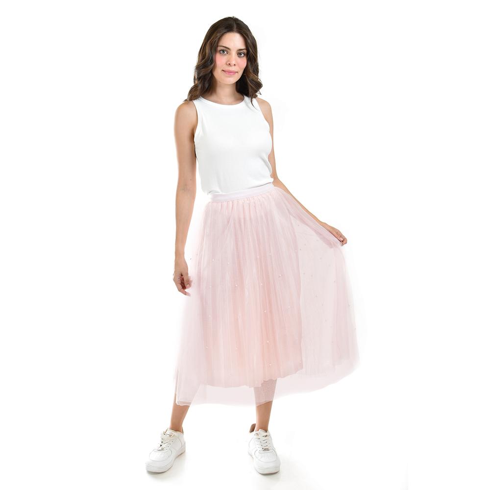 Foto 6 pulgar | Falda Midi de Tul con Perlas Roman Fashion Juvenil Rosa
