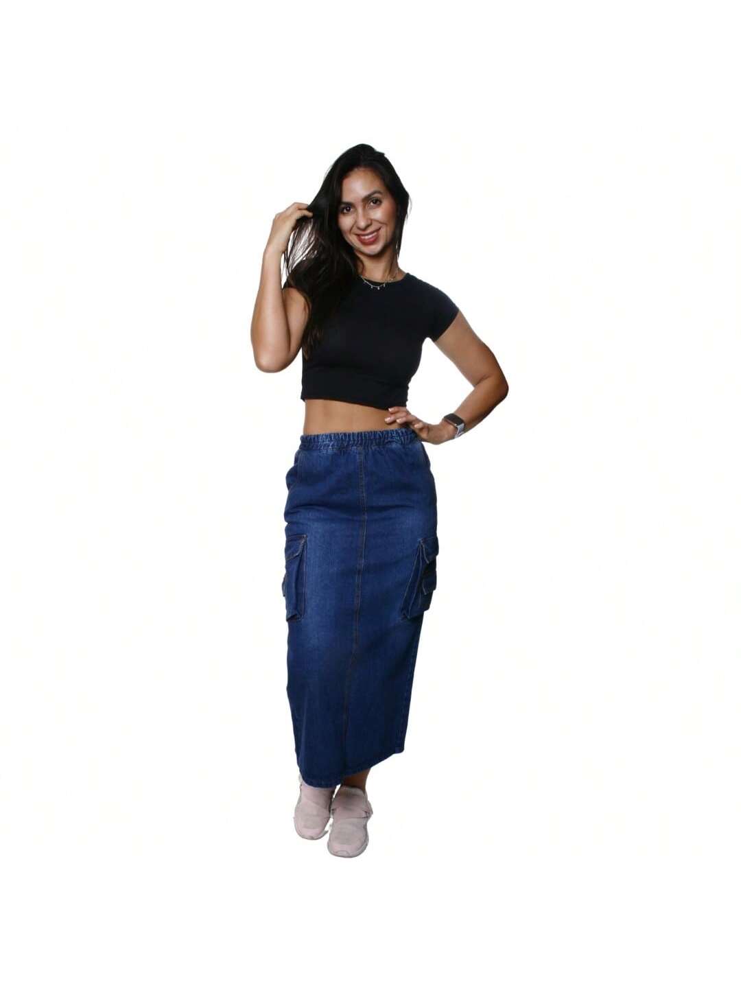 Foto 2 pulgar | Falda Larga De Mezclilla Stretch Con Bolsas Tipo Cargo Para Dama Marino Pineda Jeans