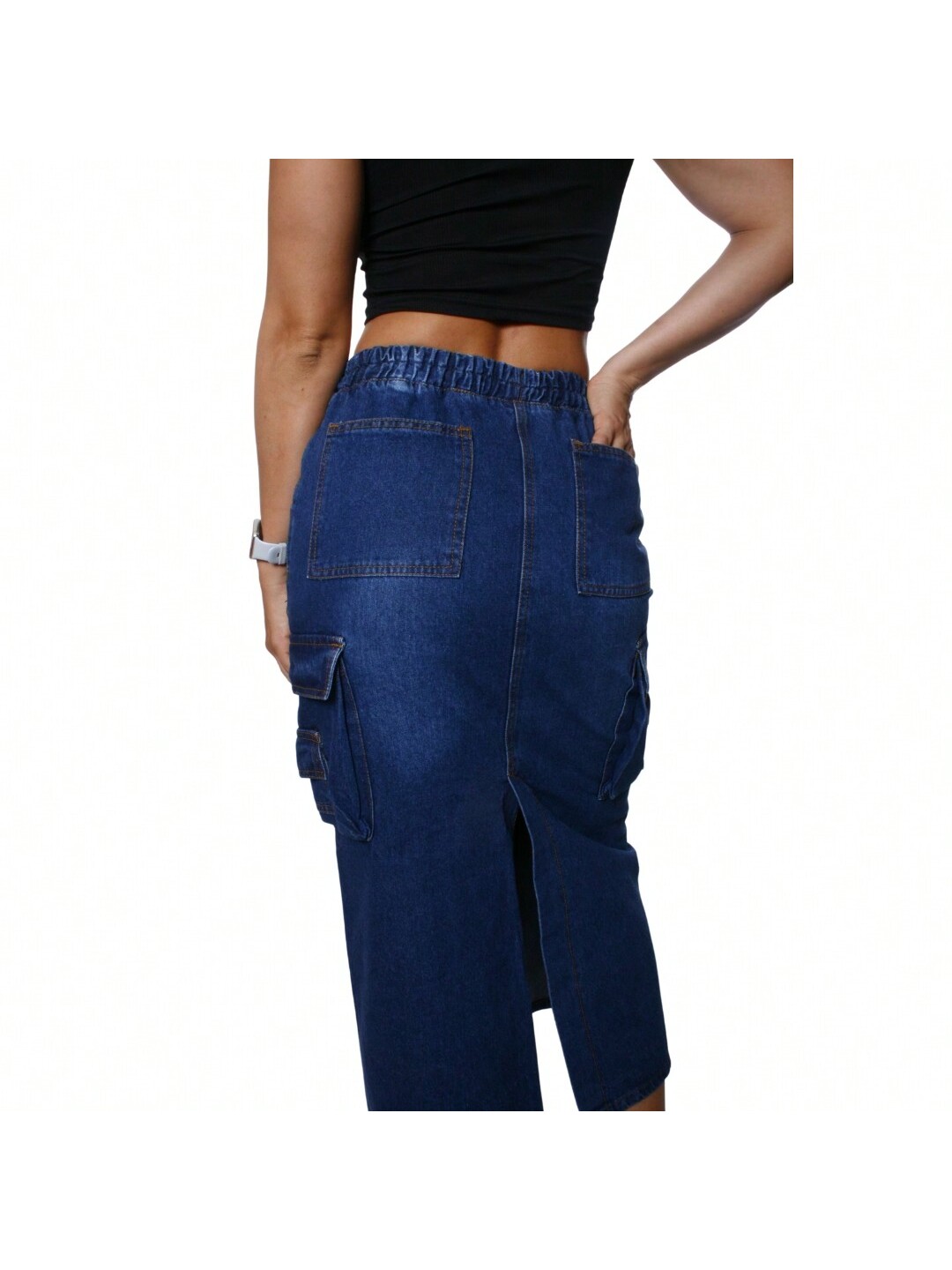 Foto 4 pulgar | Falda Larga De Mezclilla Stretch Con Bolsas Tipo Cargo Para Dama Marino Pineda Jeans
